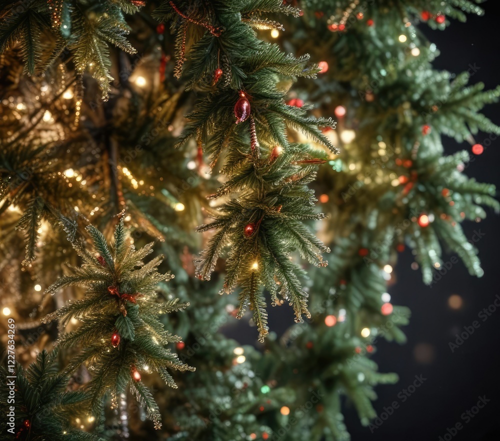 Glittering tinsel covered Christmas tree branches, sparkling tree, tree ornaments, glitz Glittering tinsel covered Christmas tree branches, sparkling tree, tree ornaments, glitz