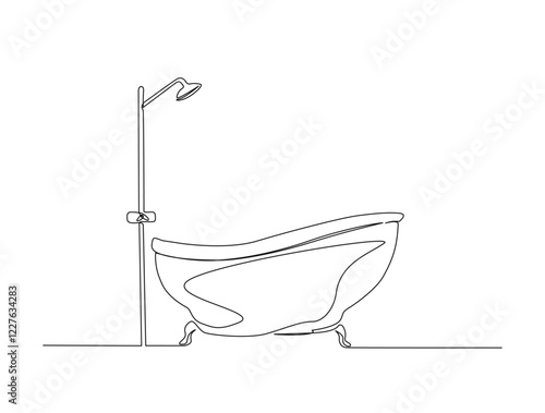 Continuous one line drawing of bathtub design. Simple bath in single line draw illustration. Editable stroke.