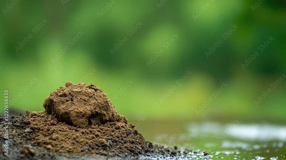 Soil texture with water droplets in a natural outdoor setting highlighting clay minerals and blurred greenery for copy space inclusion Soil texture with water droplets in a natural outdoor setting highlighting clay minerals and blurred greenery for copy space inclusion
