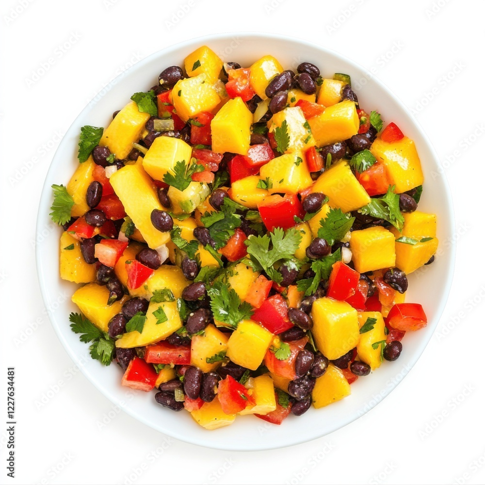 A vibrant mango and black bean salad with red bell peppers and cilantro lime dressing, isolated white background, realistic art style A vibrant mango and black bean salad with red bell peppers and cilantro lime dressing, isolated white background, realistic art style