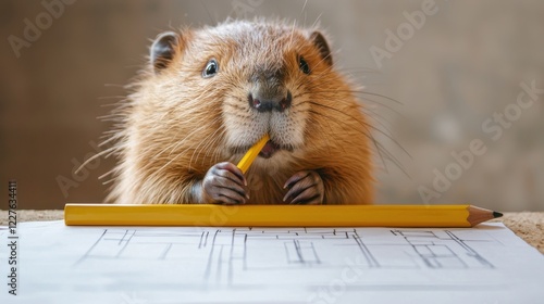 Beaver with Pencil Designing Blueprints for Grand Dam Construction Project photo