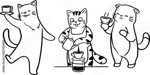 A collection of playful line art illustrations featuring funny cats engaging in various coffee shop activities, from brewing coffee to serving food, in a cozy cafe setting.