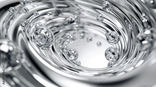 Abstract Swirling Liquid with Bubbles Creating a Dynamic Fluid Motion Scene in a Metallic Environment