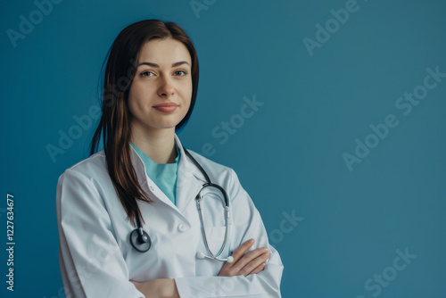Confident young female doctor with glasses and stethoscope standing with crossed arms against a blue background.