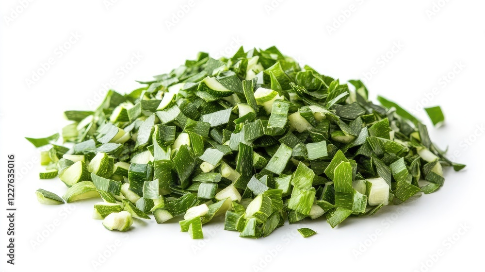 Chopped fresh zucchini pieces isolated on white background for culinary and food preparation concepts Chopped fresh zucchini pieces isolated on white background for culinary and food preparation concepts