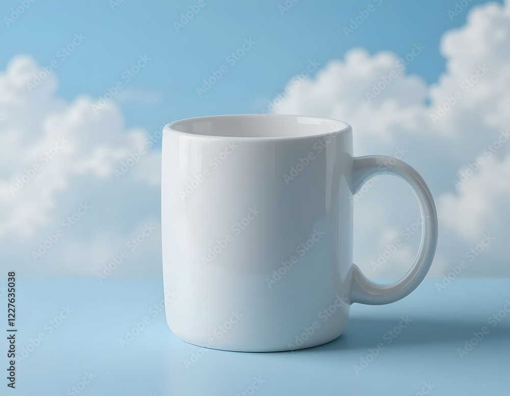 Obraz premium White Coffee Mug with Sky Background The background resembles a light blue sky with fluffy white clouds