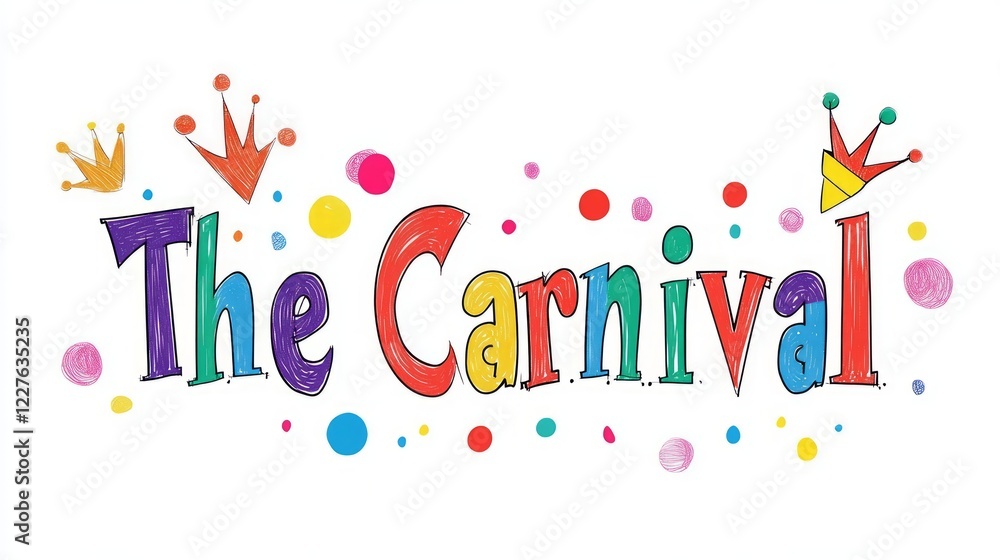 Vibrant hand lettered carnival title featuring royal crowns, scattered confetti, conveying festive mardi gras energy for party graphics and promotional designs