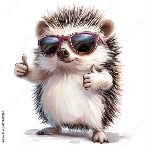 Cute hedgehog wearing sunglasses and giving thumbs up in a cheerful pose