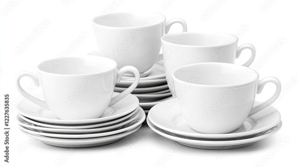 Elegant Set of White Coffee Cups and Saucers Stacked Together on a Clean White Background Elegant Set of White Coffee Cups and Saucers Stacked Together on a Clean White Background