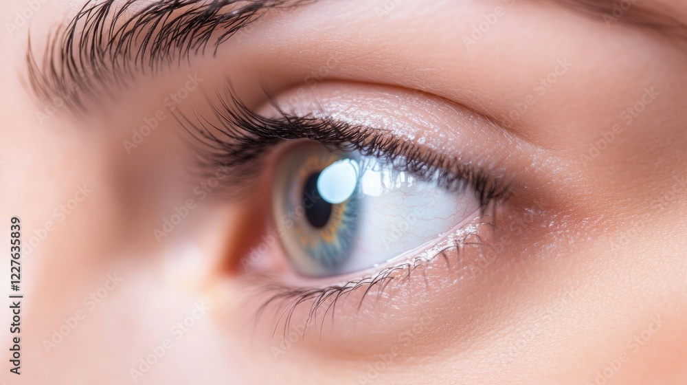 Obraz premium Macro Close-up of Female Eye Highlighting Contact Lens and Natural Eyelashes