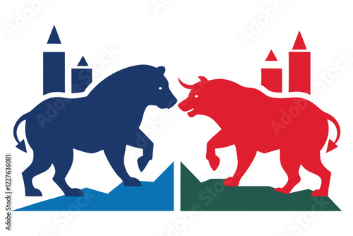 Bull and Bear Market Vector Illustration Dramatic Silhouettes of Bull and Bear Facing Off with Stock Graphs Perfect for Finance, Trading and Investment Concepts on White Background photo