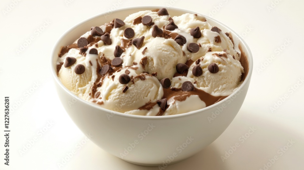 Macadamia nut and chocolate chip ice cream in a bowl topped with chocolate chips and drizzled with sauce on a light background Macadamia nut and chocolate chip ice cream in a bowl topped with chocolate chips and drizzled with sauce on a light background