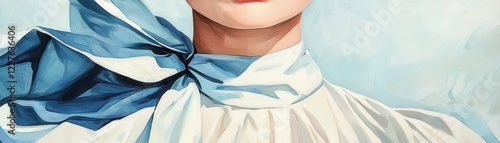 A close-up of a figure wearing a light blouse with a blue ribbon, set against a soft, pastel background, evoking a vintage or classic aesthetic.
