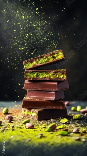 Dubai chocolate with pistachio nuts filling. Gourmet trendy dessert.