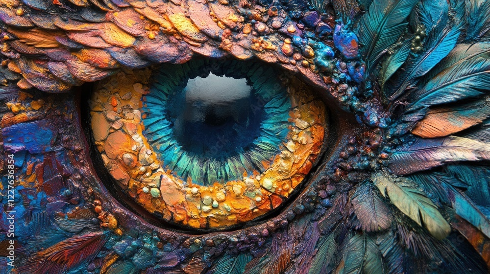 Obraz premium Vivid close-up of an owl's eye highlighting intricate feather textures and vibrant colors in a striking and artistic representation.