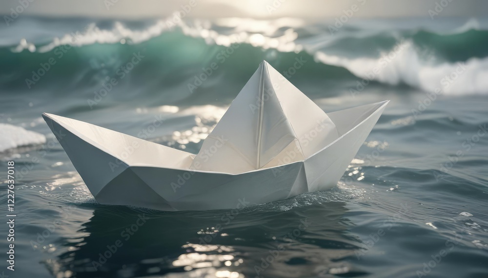 Gentle ocean waves softly caress a delicate paper boat, subtle light, soothing colors, sunset Gentle ocean waves softly caress a delicate paper boat, subtle light, soothing colors, sunset