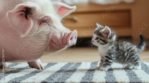 Large pig and small kitten facing off in a playful standoff on a cozy striped rug in a warm indoor setting