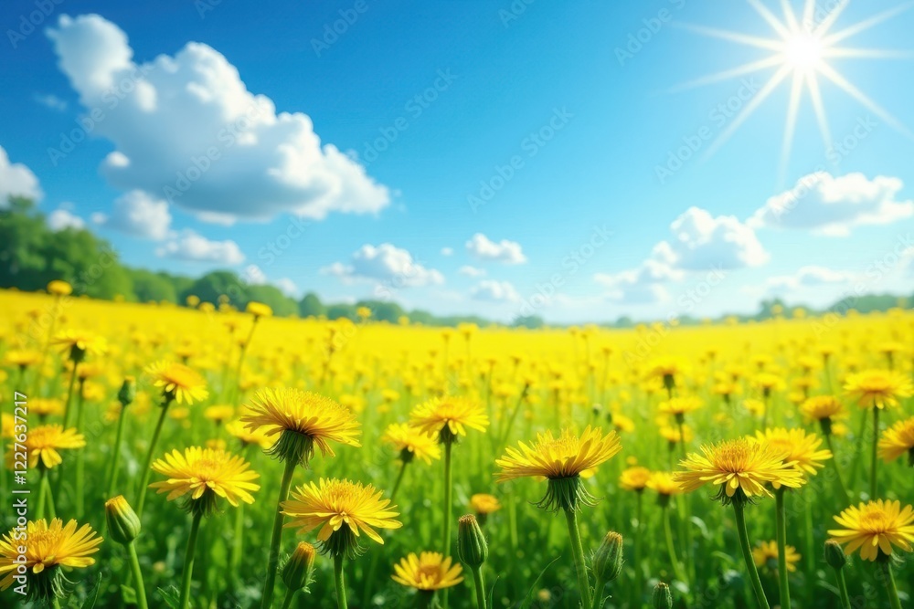 Fototapeta premium Golden dandelions carpet a field, azure sky above, spring, landscape