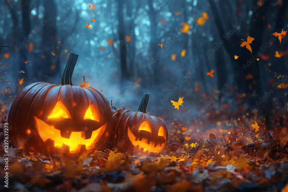 Glowing Jack-o'-Lanterns in a Spooky Forest Under Full Moon with Flying Bats and Autumn Leaves Creating an Eerie Halloween Night Atmosphere Glowing Jack-o'-Lanterns in a Spooky Forest Under Full Moon with Flying Bats and Autumn Leaves Creating an Eerie Halloween Night Atmosphere