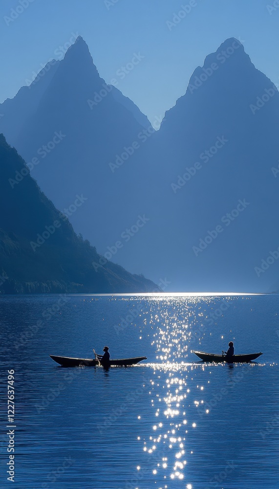 Fototapeta premium Two kayakers glide across a calm lake, silhouetted against majestic mountains under a clear sky.