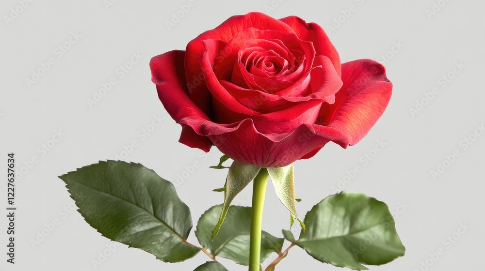 Macro shot of a vibrant red rose flower with lush green leaves against a soft light grey background ideal for floral designs and decor. Macro shot of a vibrant red rose flower with lush green leaves against a soft light grey background ideal for floral designs and decor.