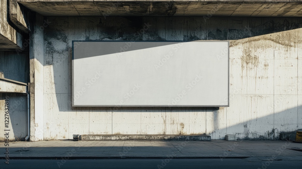 Obraz premium Minimalistic concrete studio featuring a large blank gray billboard casting shadows on the textured wall under natural light.