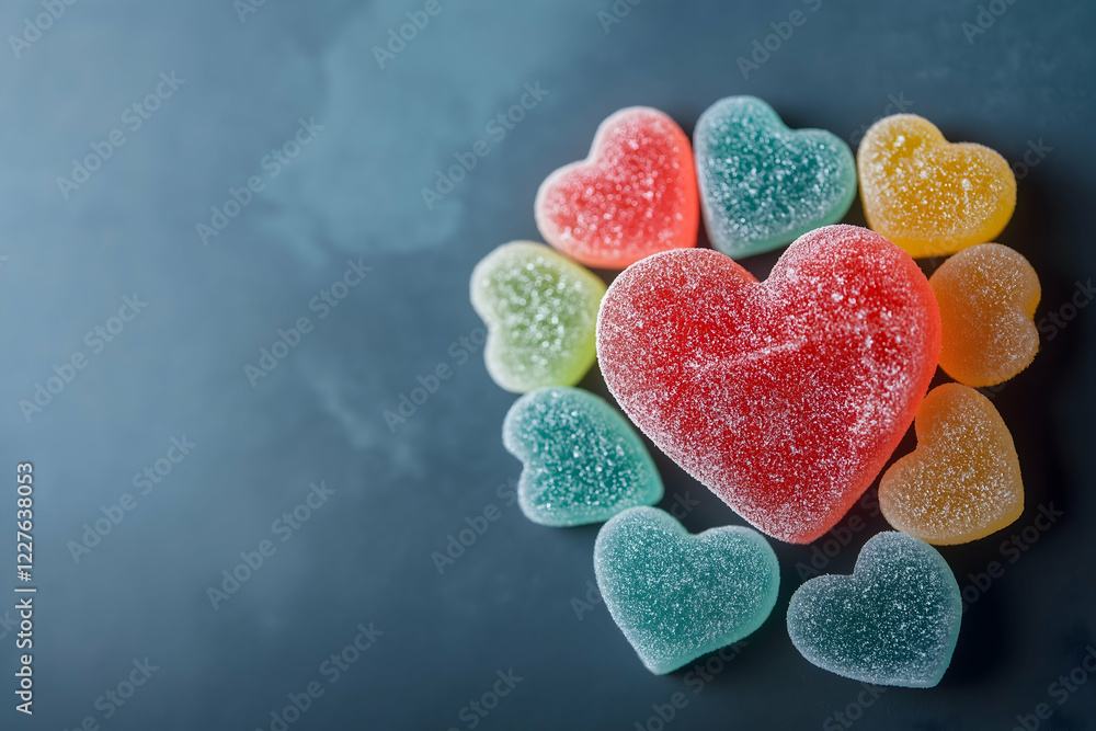 Obraz premium Colorful gummy hearts arranged artistically against a dark background, creating a playful and cheerful display.