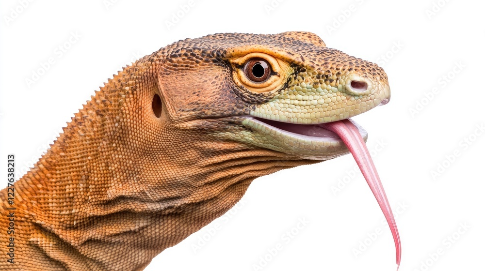 Realistic close-up of a lizard with vibrant colors and detailed texture on a white background Realistic close-up of a lizard with vibrant colors and detailed texture on a white background