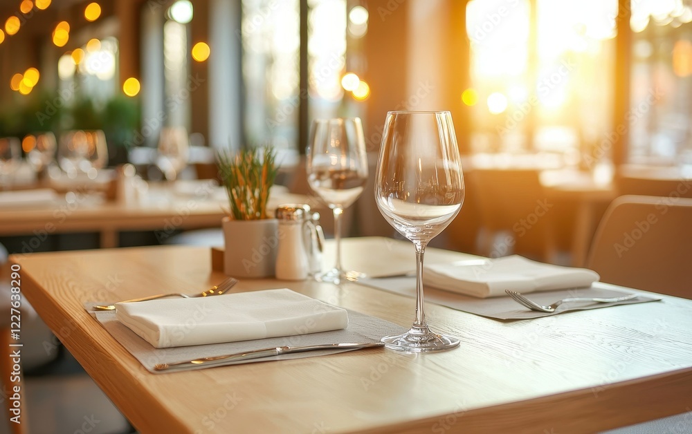 A cozy restaurant table set for dining, featuring elegant glassware and natural light streaming through large windows. A cozy restaurant table set for dining, featuring elegant glassware and natural light streaming through large windows.
