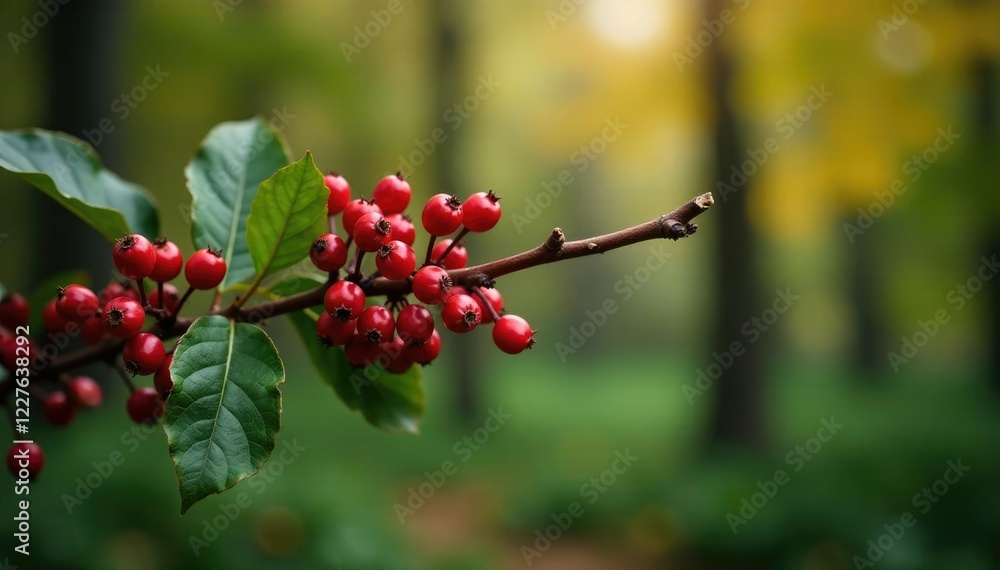 Obraz premium Dark brown branch with dried crimson berries against forest green foliage, autumn, deciduous, tree bark