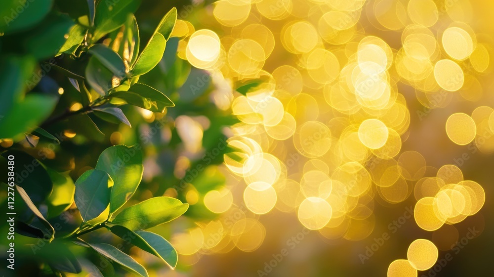 Lemon tree close-up with green leaves and blurred yellow bokeh background creating a vibrant garden atmosphere. Lemon tree close-up with green leaves and blurred yellow bokeh background creating a vibrant garden atmosphere.
