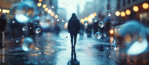 Urban stroll amidst raindrops creating a serene atmosphere with blurred city lights and ample space for text and messaging. photo