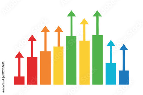  Colorful Stock Price Candlestick Chart with Upward and Downward Arrows, Vector Illustration on White Background.