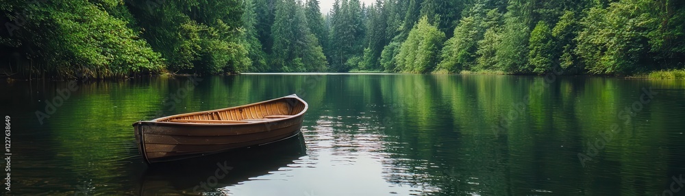 A serene wooden boat floats on a calm lake surrounded by lush green trees, reflecting nature's beauty in tranquil waters. A serene wooden boat floats on a calm lake surrounded by lush green trees, reflecting nature's beauty in tranquil waters.