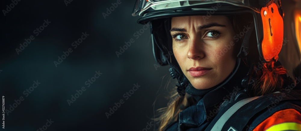 Female firefighter focused on rescue operations during a disaster with black background and ample copyspace for text use Female firefighter focused on rescue operations during a disaster with black background and ample copyspace for text use