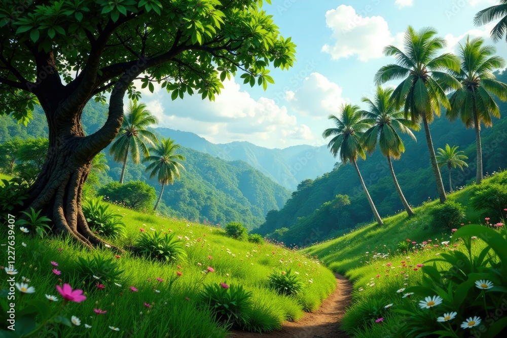 A small clearing within a large plantation with a few trees and wildflowers, greenery, tropical A small clearing within a large plantation with a few trees and wildflowers, greenery, tropical