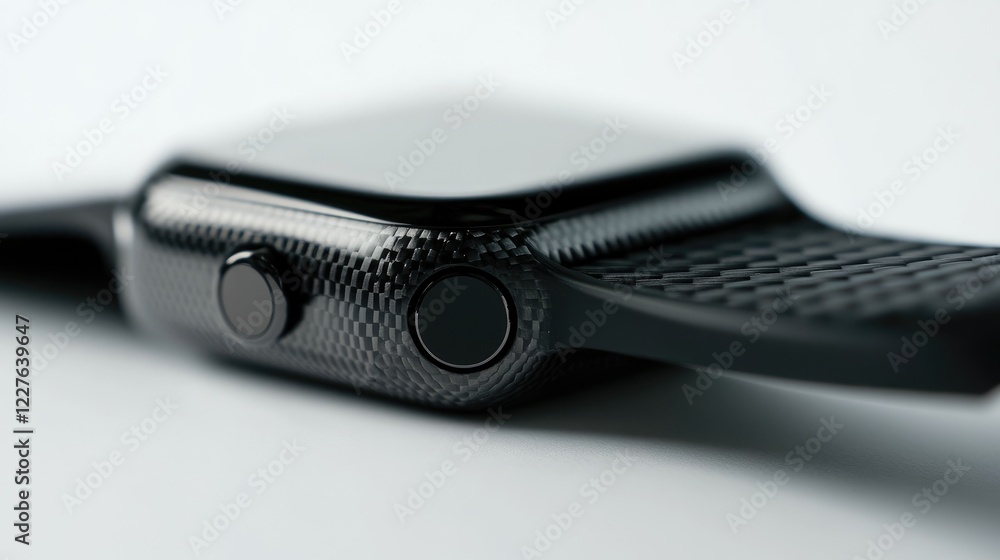 Macro shot highlighting the textured carbon strap of a modern smartwatch on a clean white background Macro shot highlighting the textured carbon strap of a modern smartwatch on a clean white background