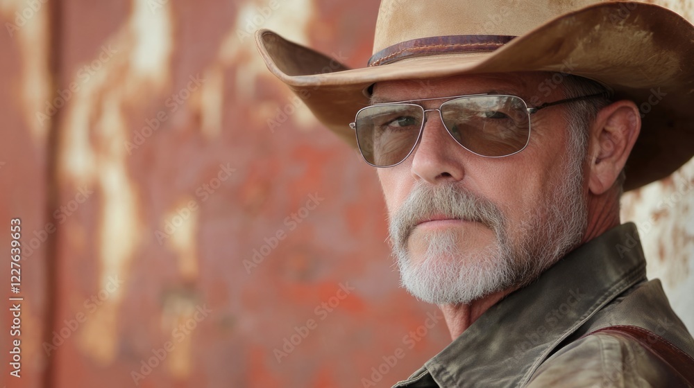 Obraz premium Mature Cowboy Supervisor With Sunglasses Against Rustic Background Looking Confident and Intimidating in Western-Themed Setting