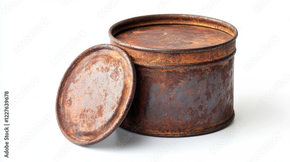 Rusty Iron Can with Removable Lid Isolated on White Background for Vintage or Industrial Design Concepts Rusty Iron Can with Removable Lid Isolated on White Background for Vintage or Industrial Design Concepts