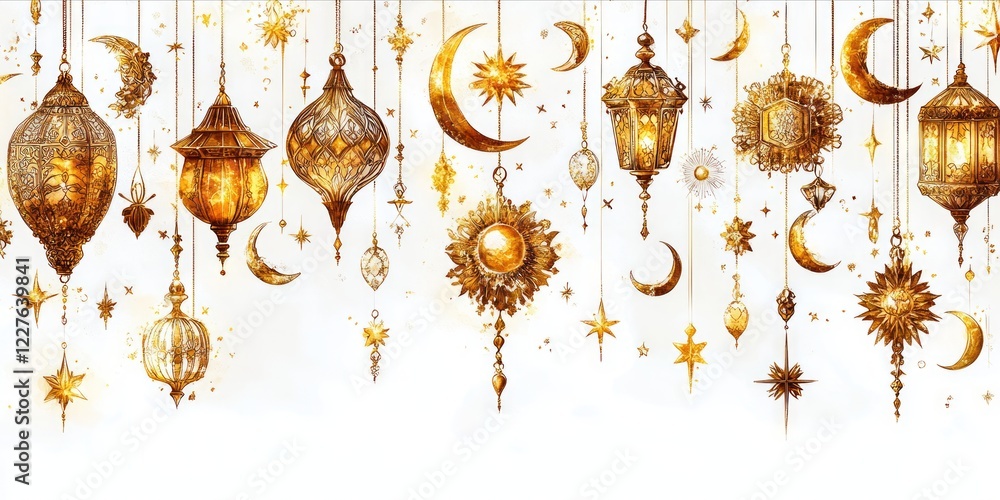 Golden lanterns, celestial shapes dangling from strings, illuminating white background with whimsical, enchanting holiday ambiance