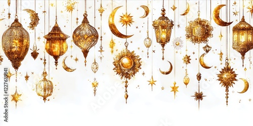 Obraz na płótnie Golden lanterns, celestial shapes dangling from strings, illuminating white background with whimsical, enchanting holiday ambiance w salonie