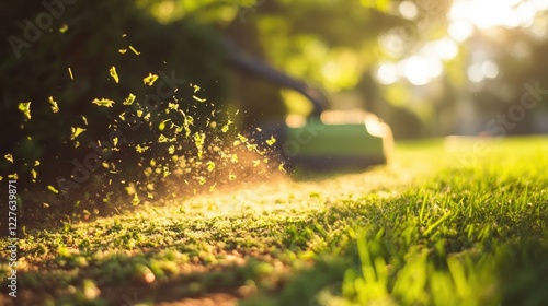 Lawn mower trimming grass in sunlit garden creating a vibrant landscaping scene with flying clippings and rich green foliage photo