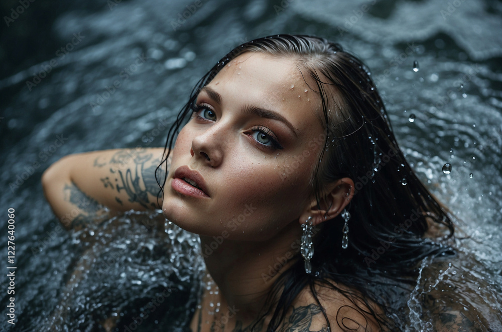 Obraz premium Natural Beauty: Young Woman Enjoying Waterfall and Refreshing Nature Moment