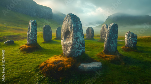 An atmospheric photography of an ancient Irish stone circle, surrounded by misty hills and soft light, evoking a sense of mystery and history.