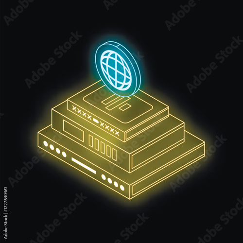 Servers are connecting to a global network providing internet access with a futuristic neon glow