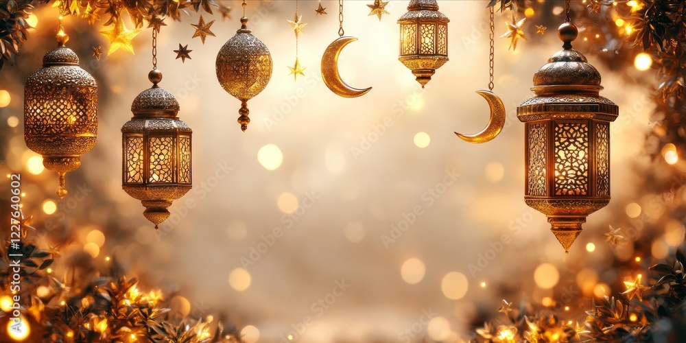 Golden ramadan lanterns and crescent moons suspended against soft bokeh background, illuminating traditional festive ambiance for islamic holy season