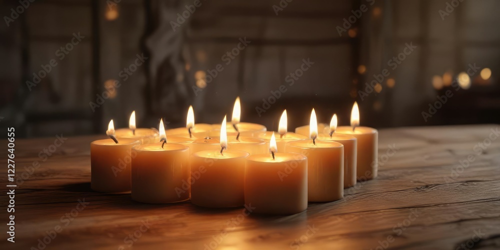 Group of burning candles on a wooden table with unique shape , home decor accents, , wooden table Group of burning candles on a wooden table with unique shape , home decor accents, , wooden table