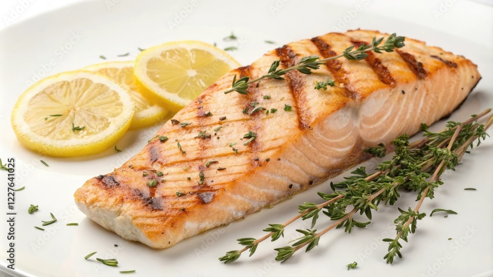 Grilled salmon fillet with thyme and lemon, thyme, herbs, grilled salmon, lemons, grill marks Grilled salmon fillet with thyme and lemon, thyme, herbs, grilled salmon, lemons, grill marks