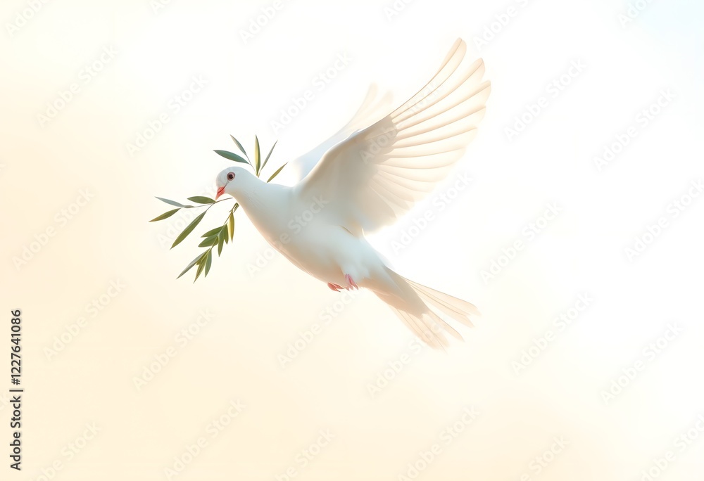 Fototapeta premium White Dove Peace Symbol Flying with Olive Branch