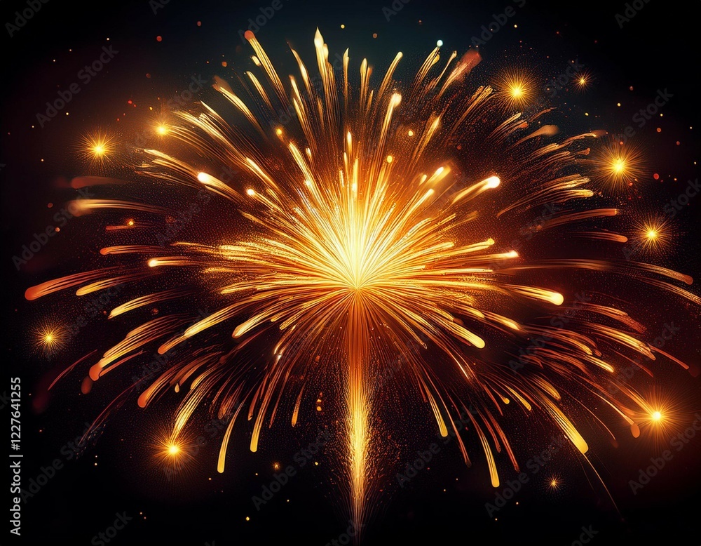 Obraz premium a single sparkling firework against a black background the sparks should be in the shape of an explosion or burst with some glowing particles scattered around it it is centered